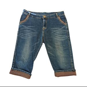 IWear Printed Cuff, Lace Pocket, Medium Wash, Denim Bermuda Shorts Capris